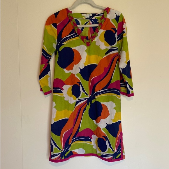 Boden Dresses & Skirts - Boden | Lime Green Orange Purple Sheath Dress V-Neck Floral Detail 3/4 Sleeves 6